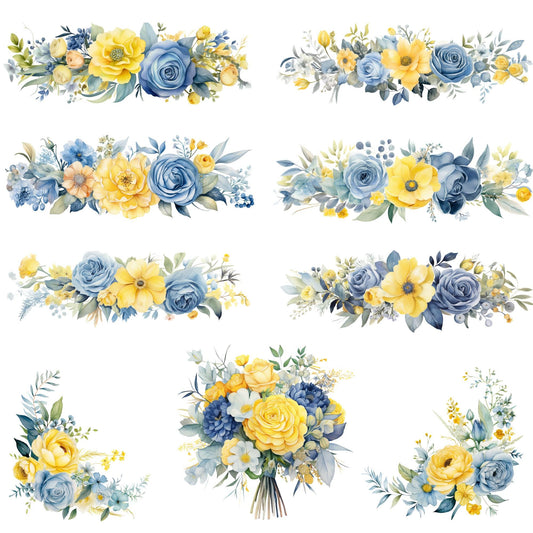 Dusty Blue and Lemon Floral Clipart