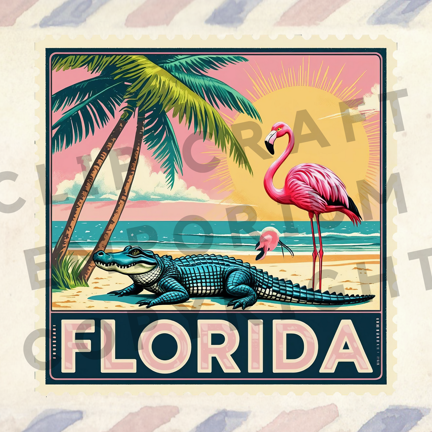 a poster of a pink flamingo and an alligator on a beach
