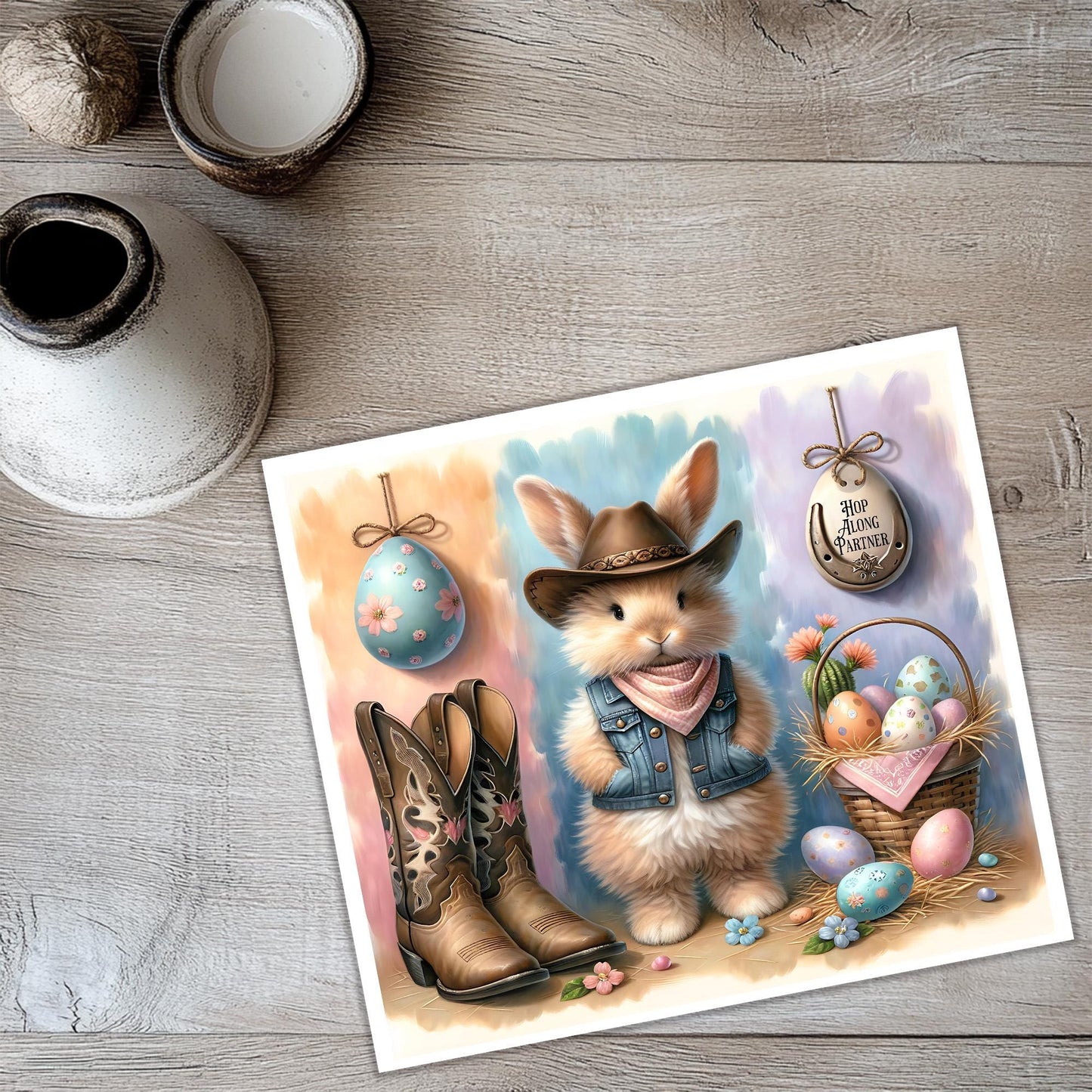 a card with a picture of a dog wearing a cowboy hat