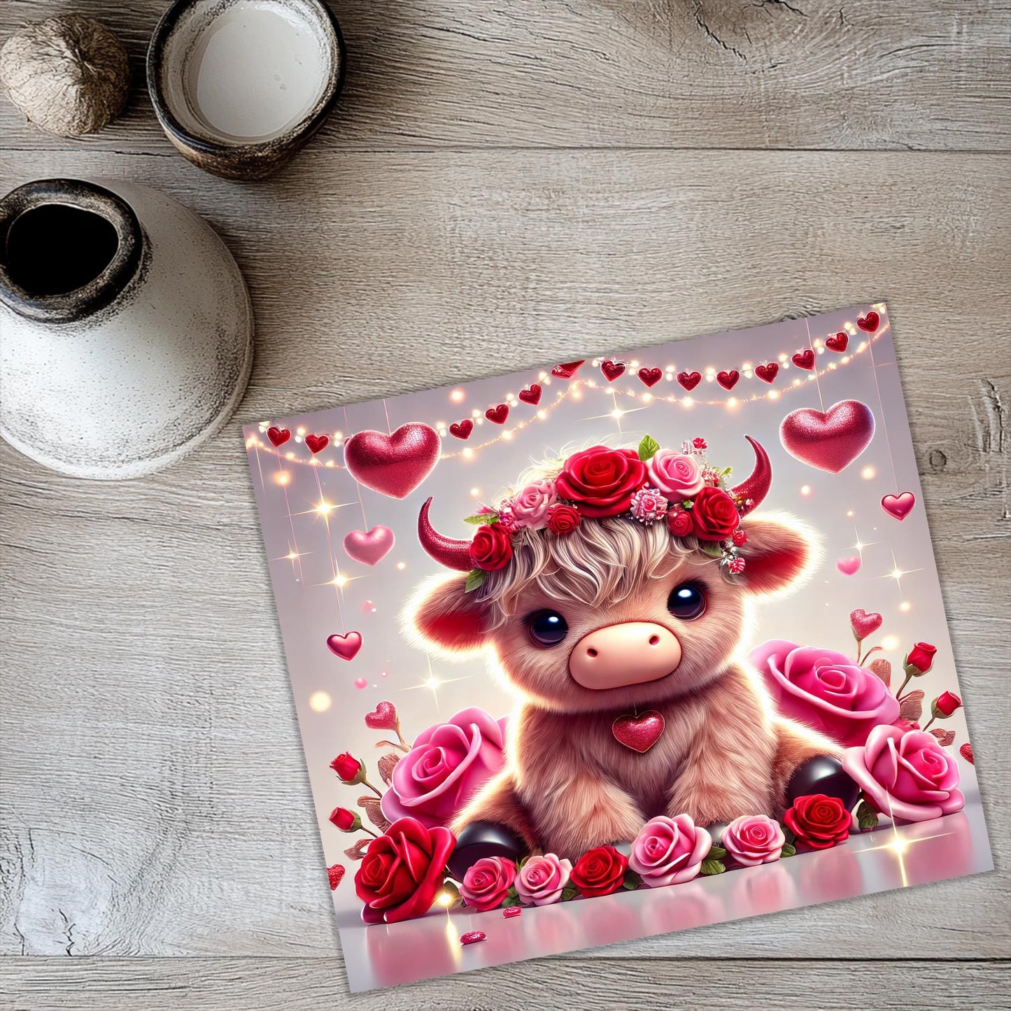 a picture of a cow with roses on its head