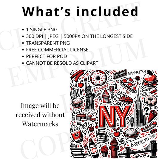 The image includes a variety of New York-themed elements, such as a donut, a hot dog, a sandwich, a cup, a bottle, a bridge, and a building, all arranged in a visually appealing manner. The image will be received without any Watermarks, and it is a single, high-quality image without any additional text or descriptions.
