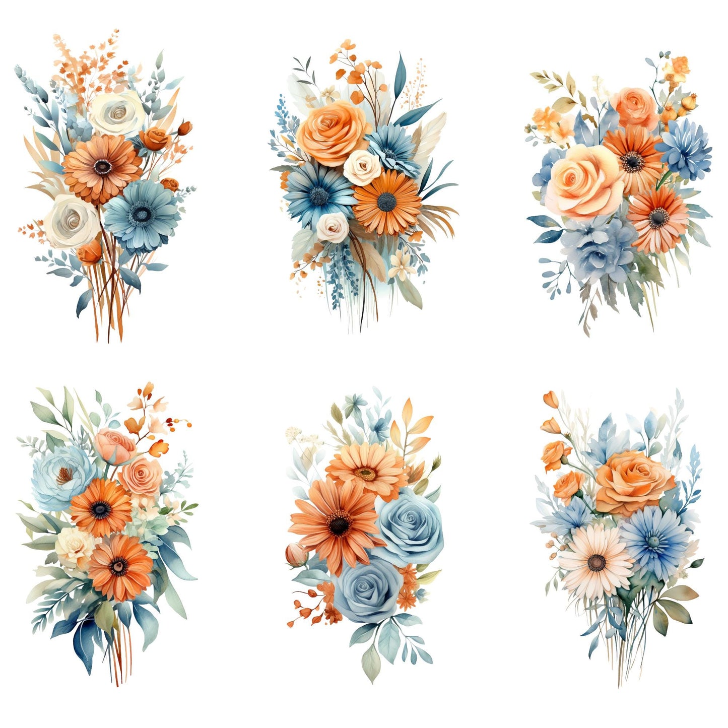 Rustic Terracotta & Dusty Blue Floral Clipart