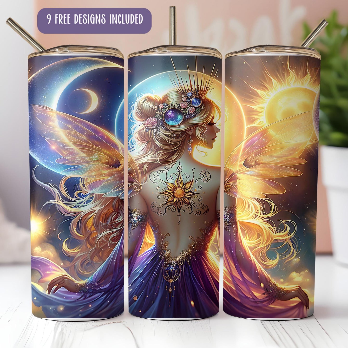 a set of three travel mugs with designs on them