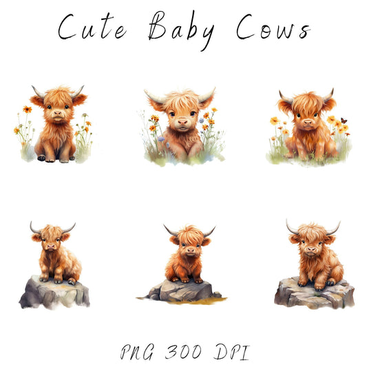 Watercolor Baby Highland Cow Clipart