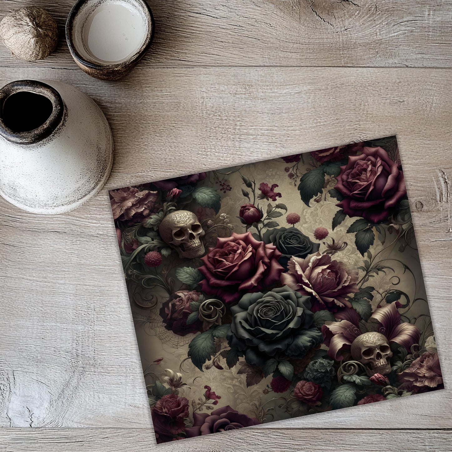 a picture of a table with a skull and flowers on it