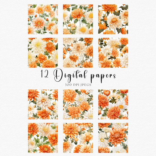 12 digital papers with orange and white flowers