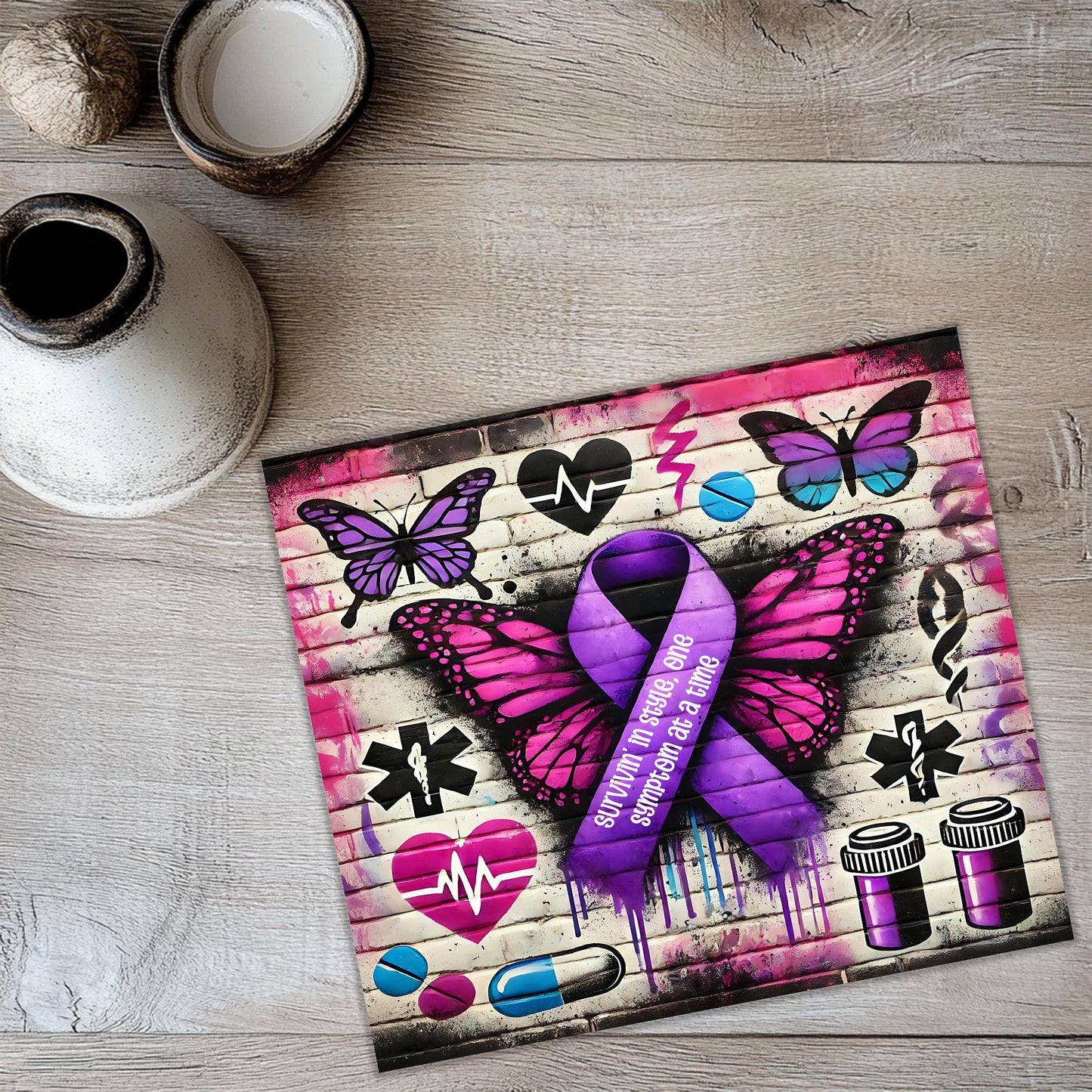 a picture of a butterfly with a purple ribbon