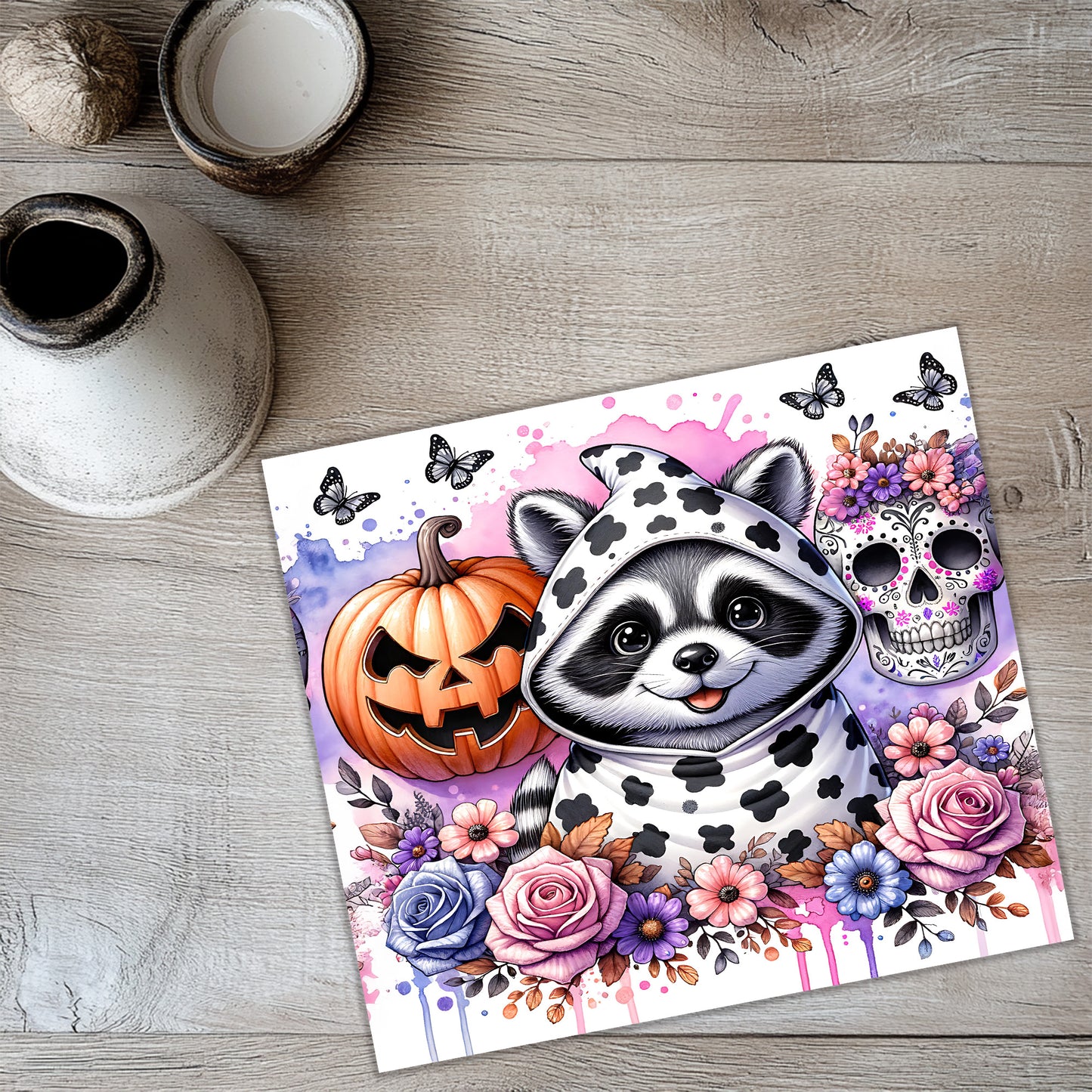 a painting of a raccoon and a skull on a table