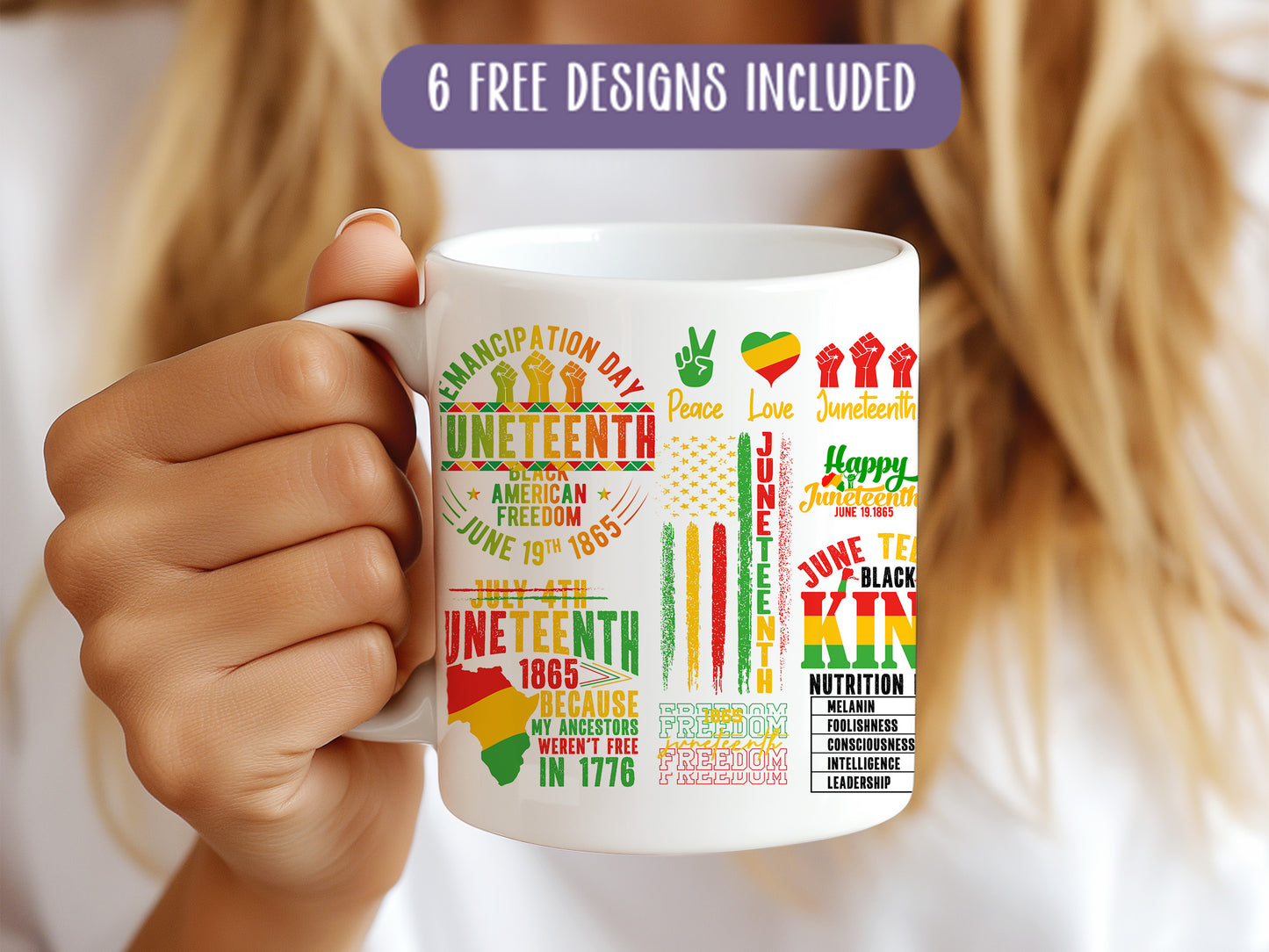 a woman holding a coffee mug with a variety of designs on it