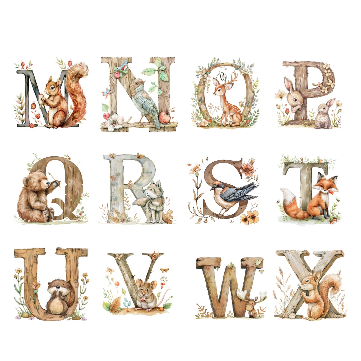 Woodland alphabet letter clipart