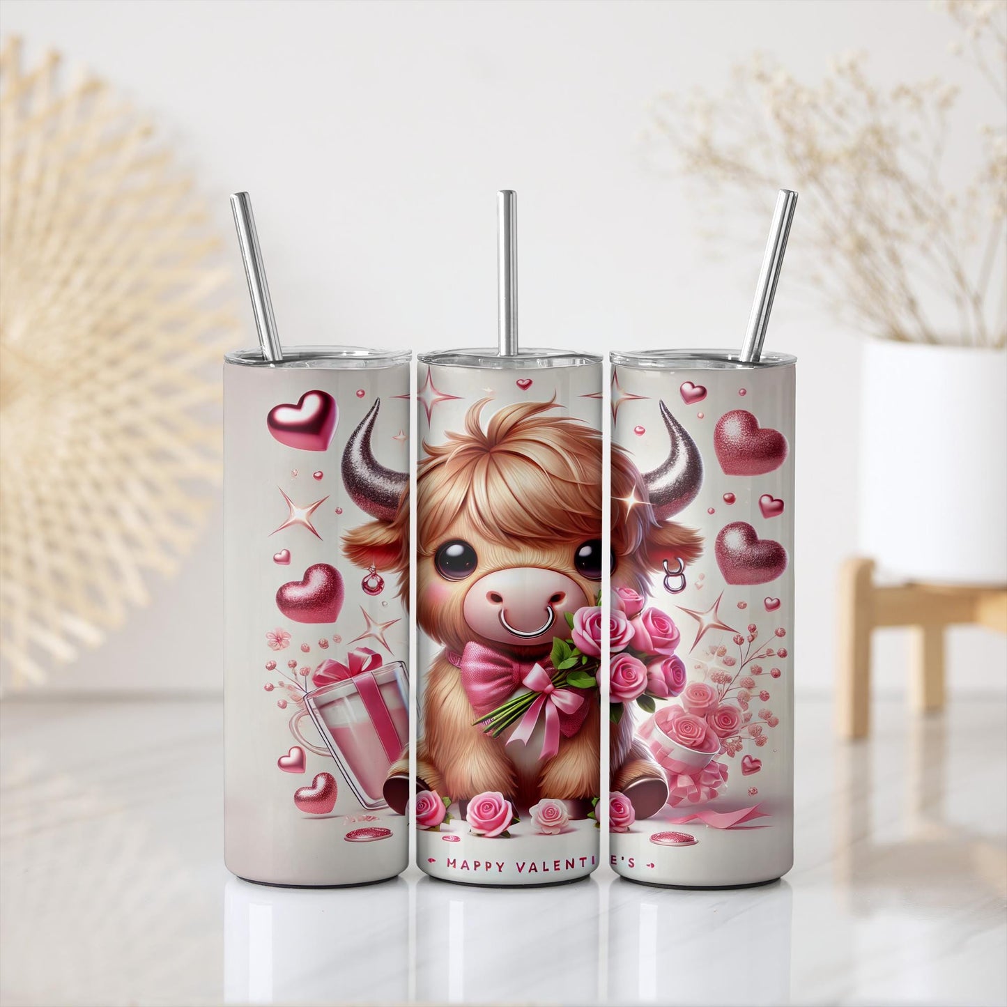 a set of three tumbles with a picture of a cow