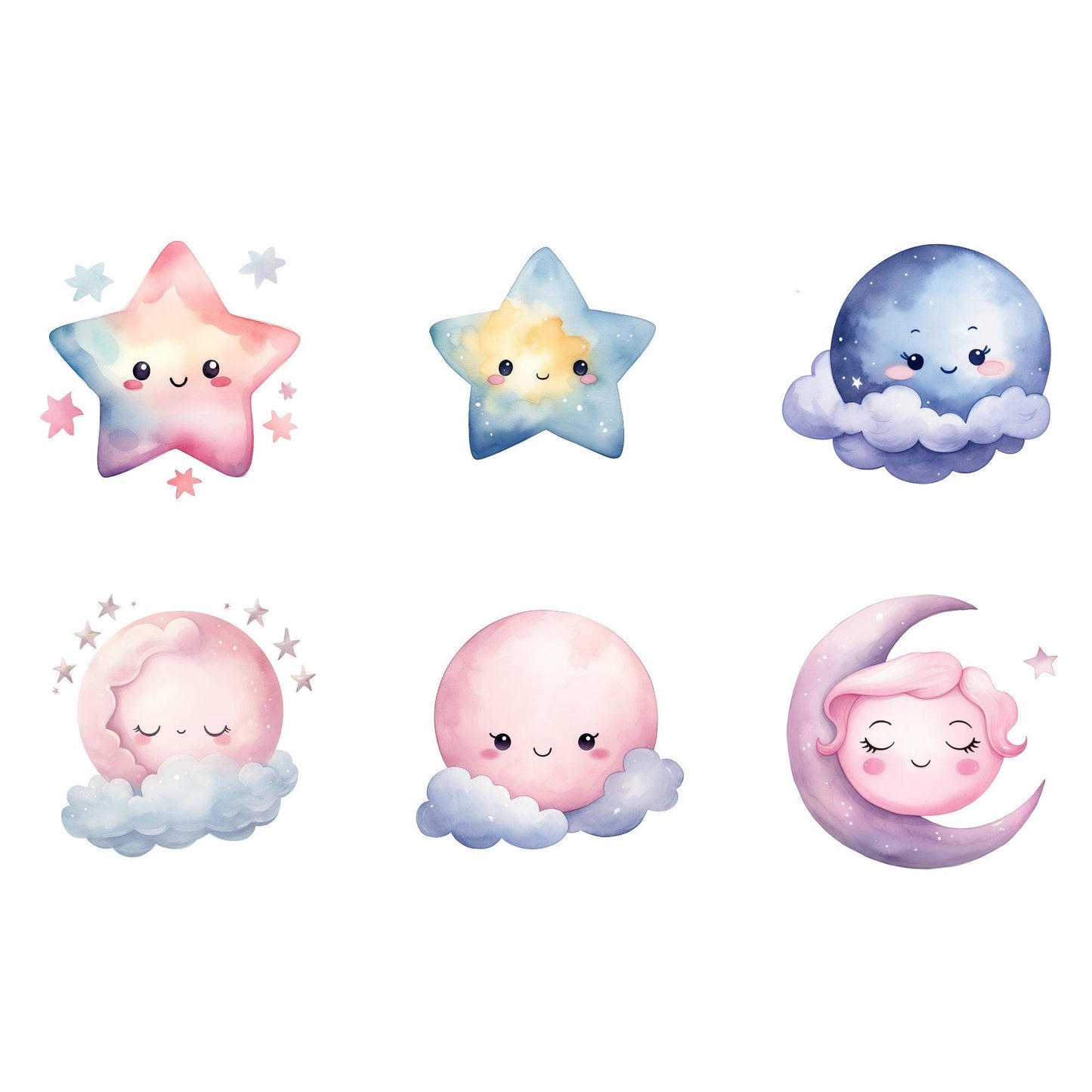 Watercolor Moon Star and Clouds Clipart