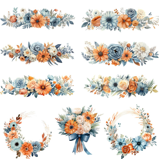 Rustic Terracotta & Dusty Blue Floral Clipart