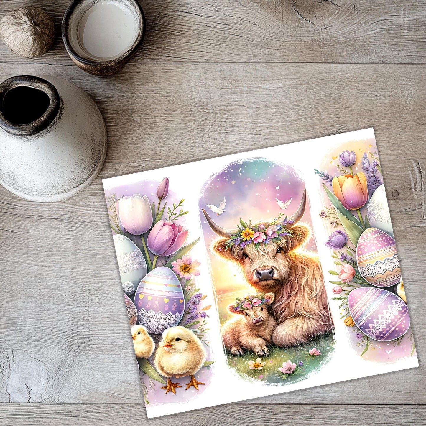 a card with a picture of a cow and chicks