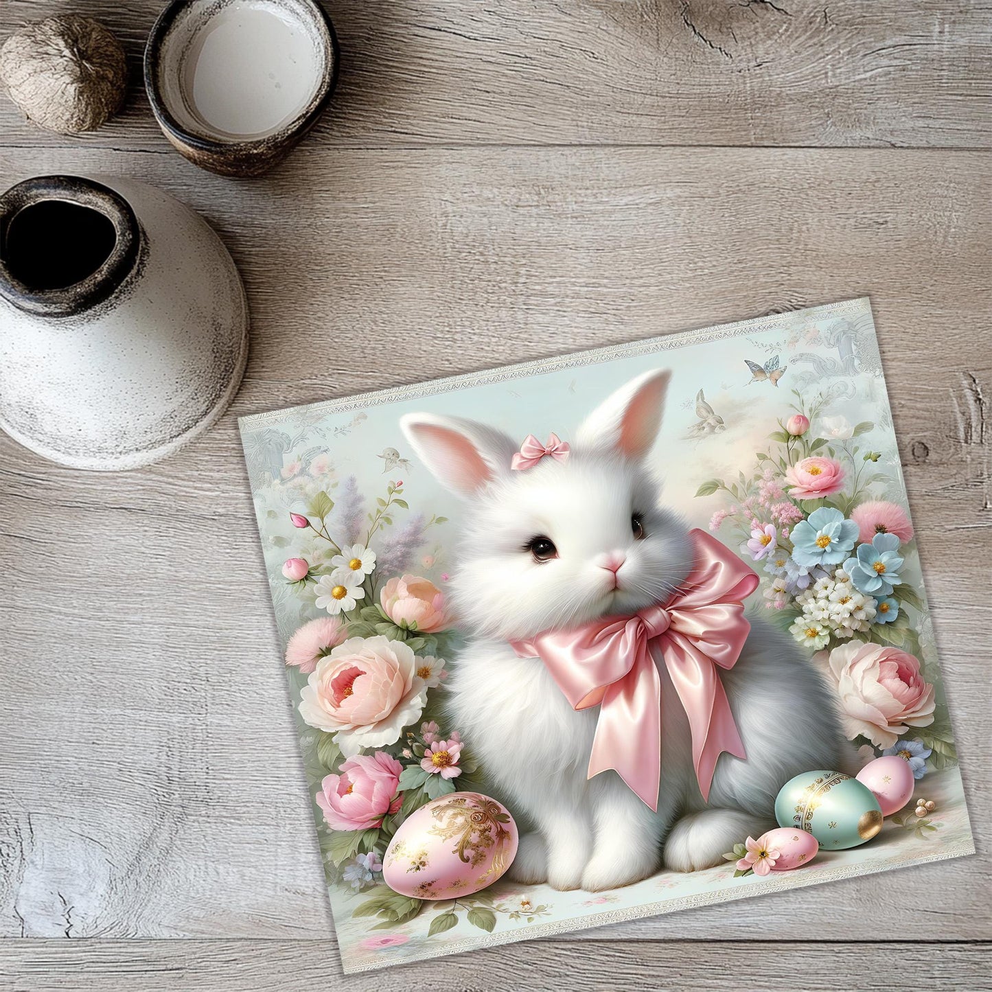 a picture of a white rabbit with a pink bow