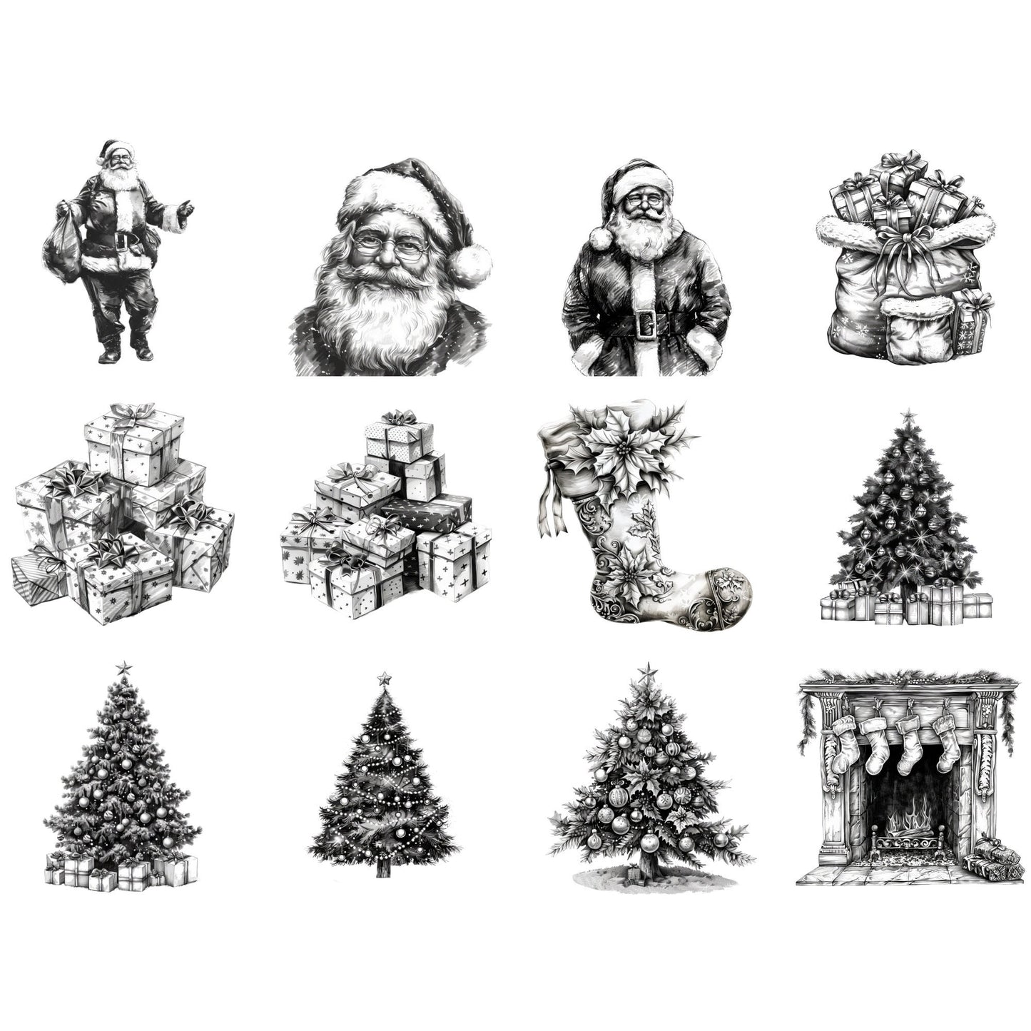 Watercolor Black and White Christmas Clipart