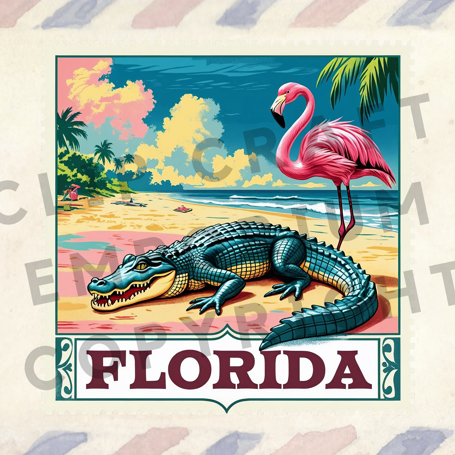 a picture of a flamingo and a crocodile on a beach