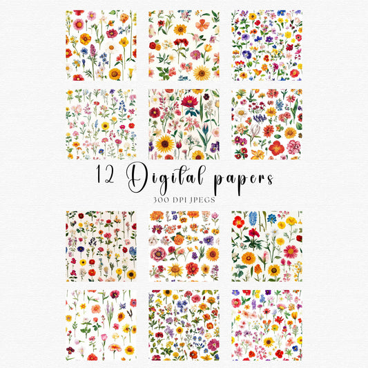 Papeles digitales con elementos florales de acuarela