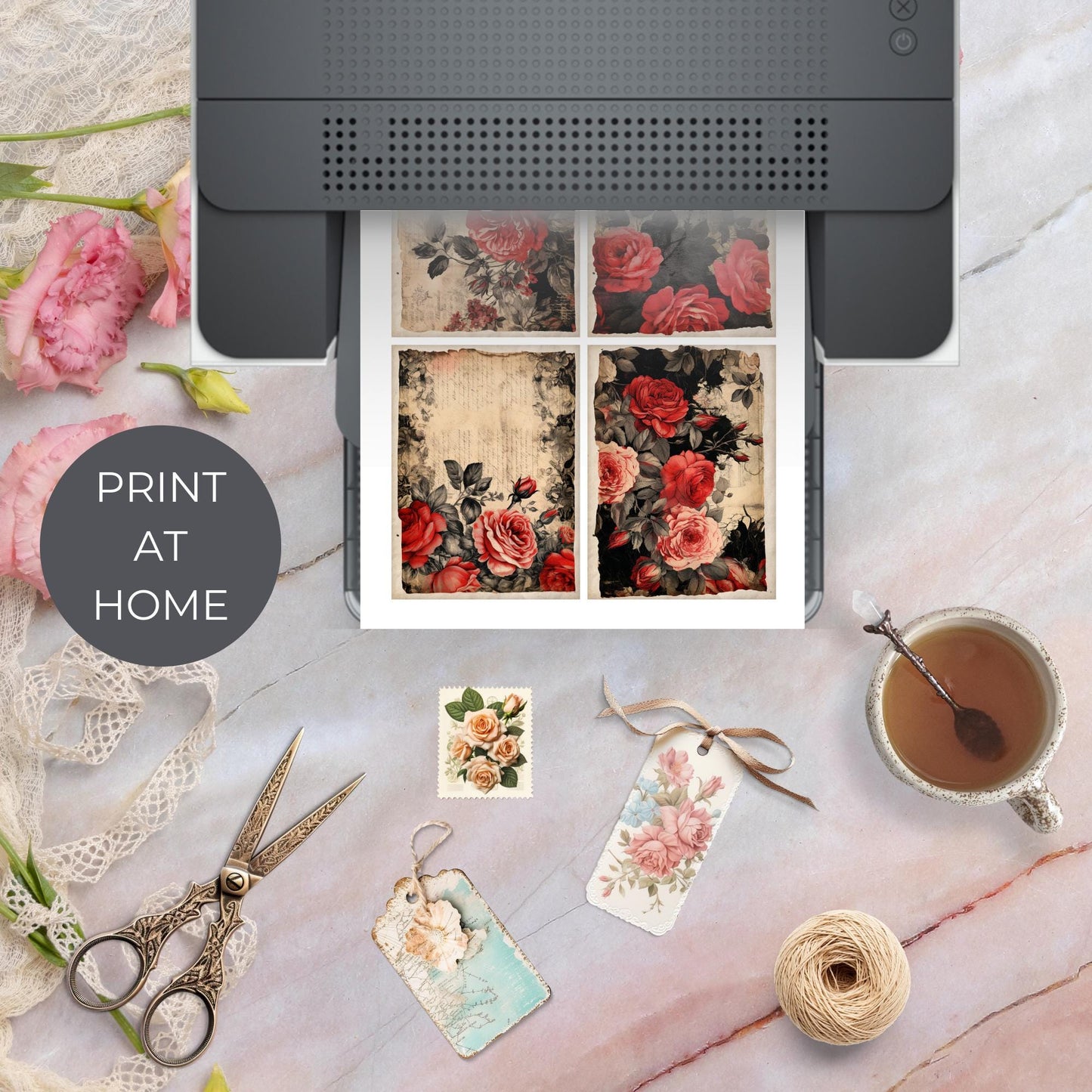 Red and Black Floral Junk Journal Cards