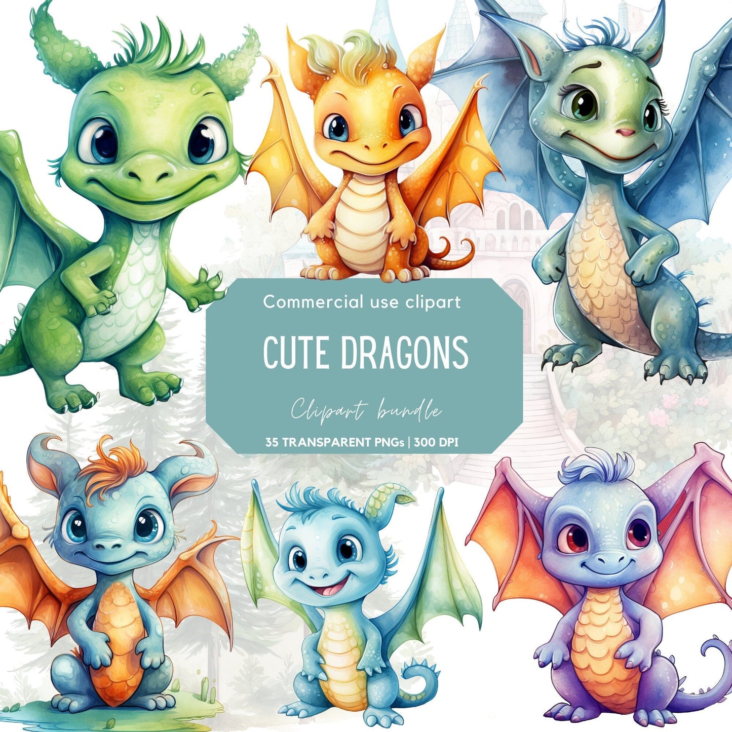 Watercolor Cute Dragon Clipart