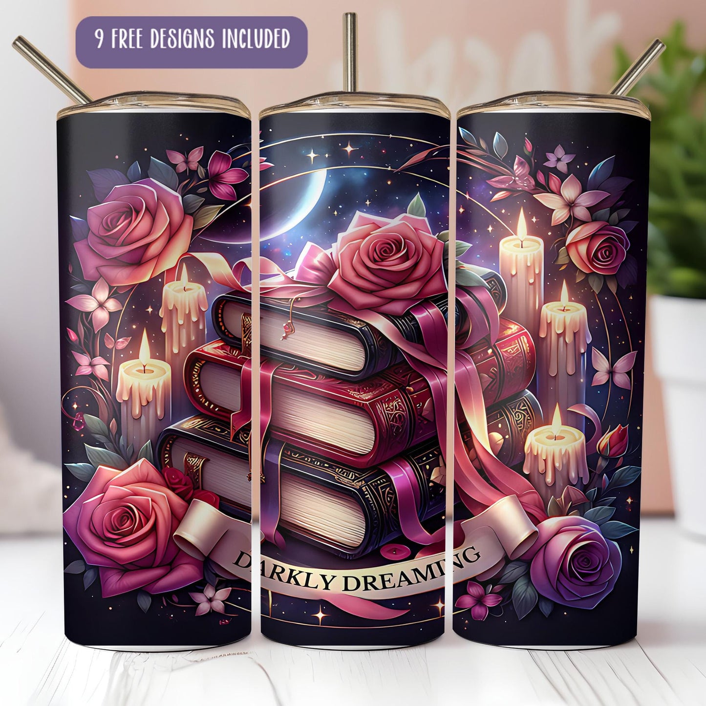 a set of three books with candles and roses on them