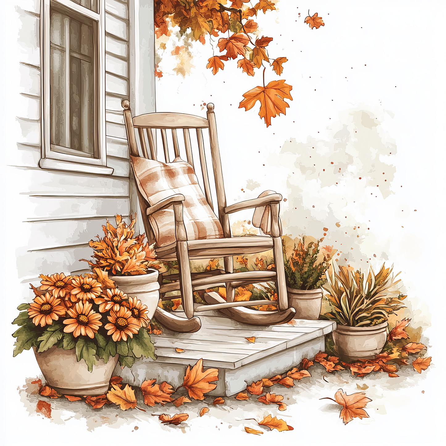 A wooden rocking chair with a plaid pillow sits on a porch, surrounded by potted plants and autumn leaves.