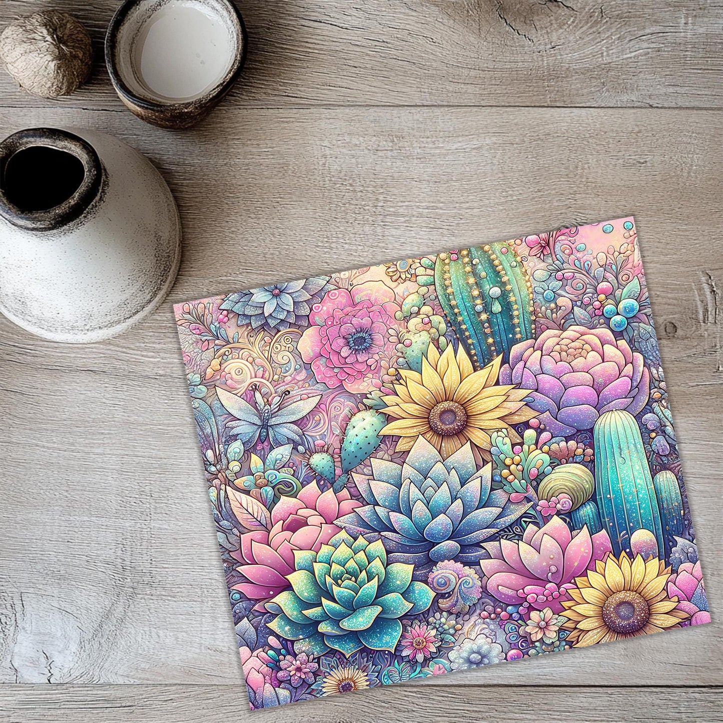 a placemat with a cactus and flowers on it