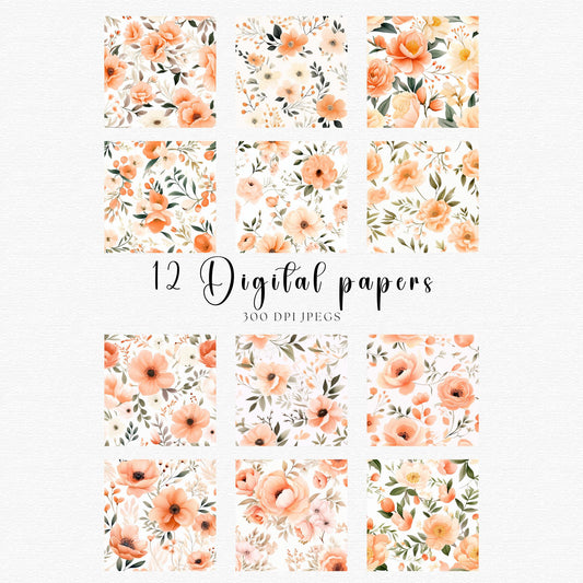 Watercolor Peach Floral Digital Papers