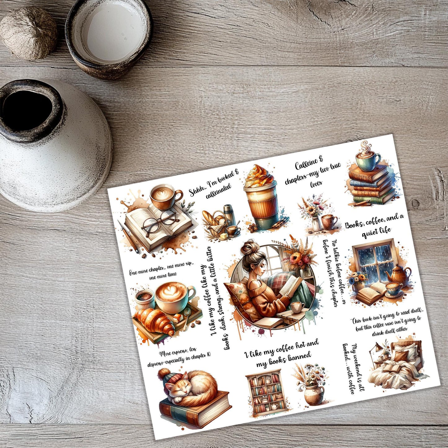 a sticker sheet with a picture of coffee and cats on it