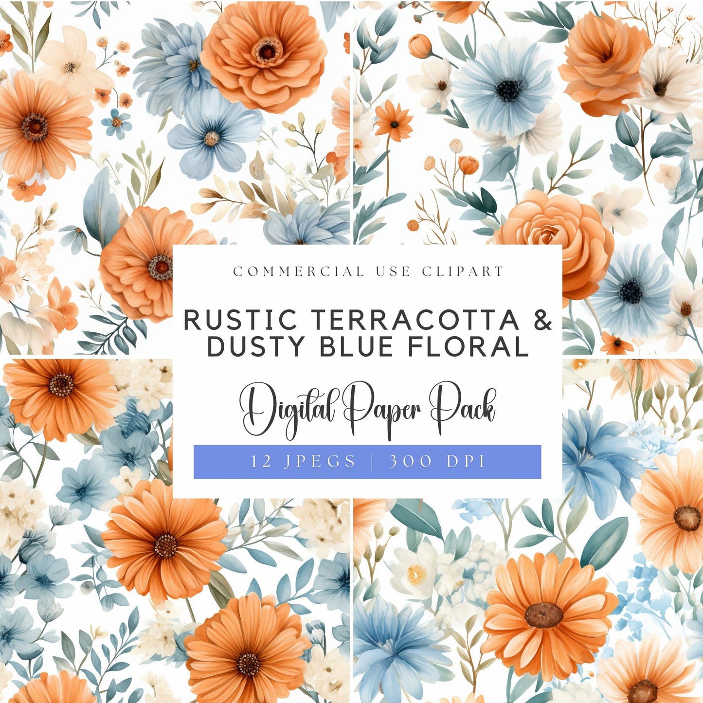 Rustic Terracotta & Dusty Blue Floral Digital Papers