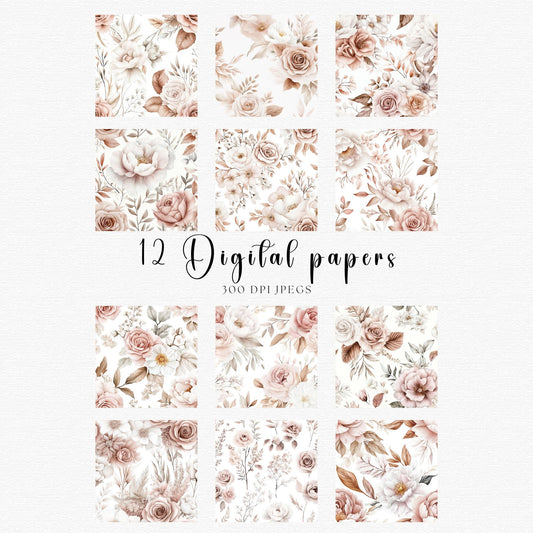 Papeles digitales florales rosas con pampas