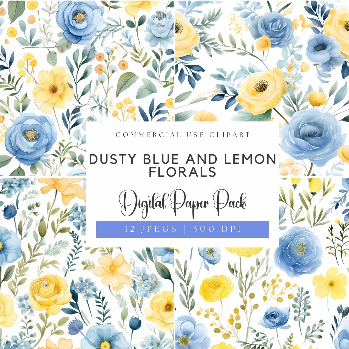 Dusty Blue Floral and Lemon Digital Papers