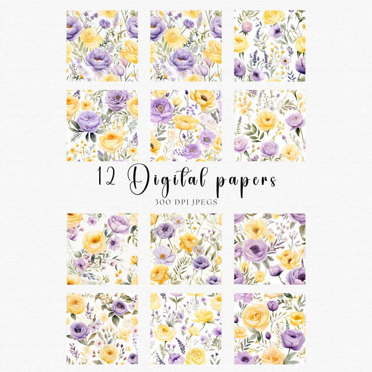 Pastel Purple and Yellow Wedding Flowers Digital Papers