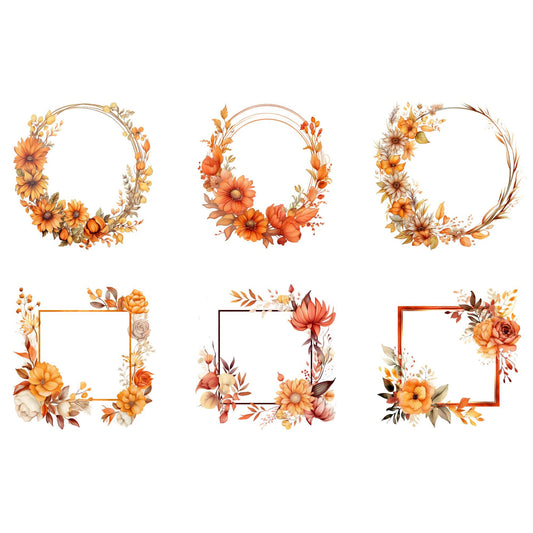 Clipart de marco floral de otoño en acuarela