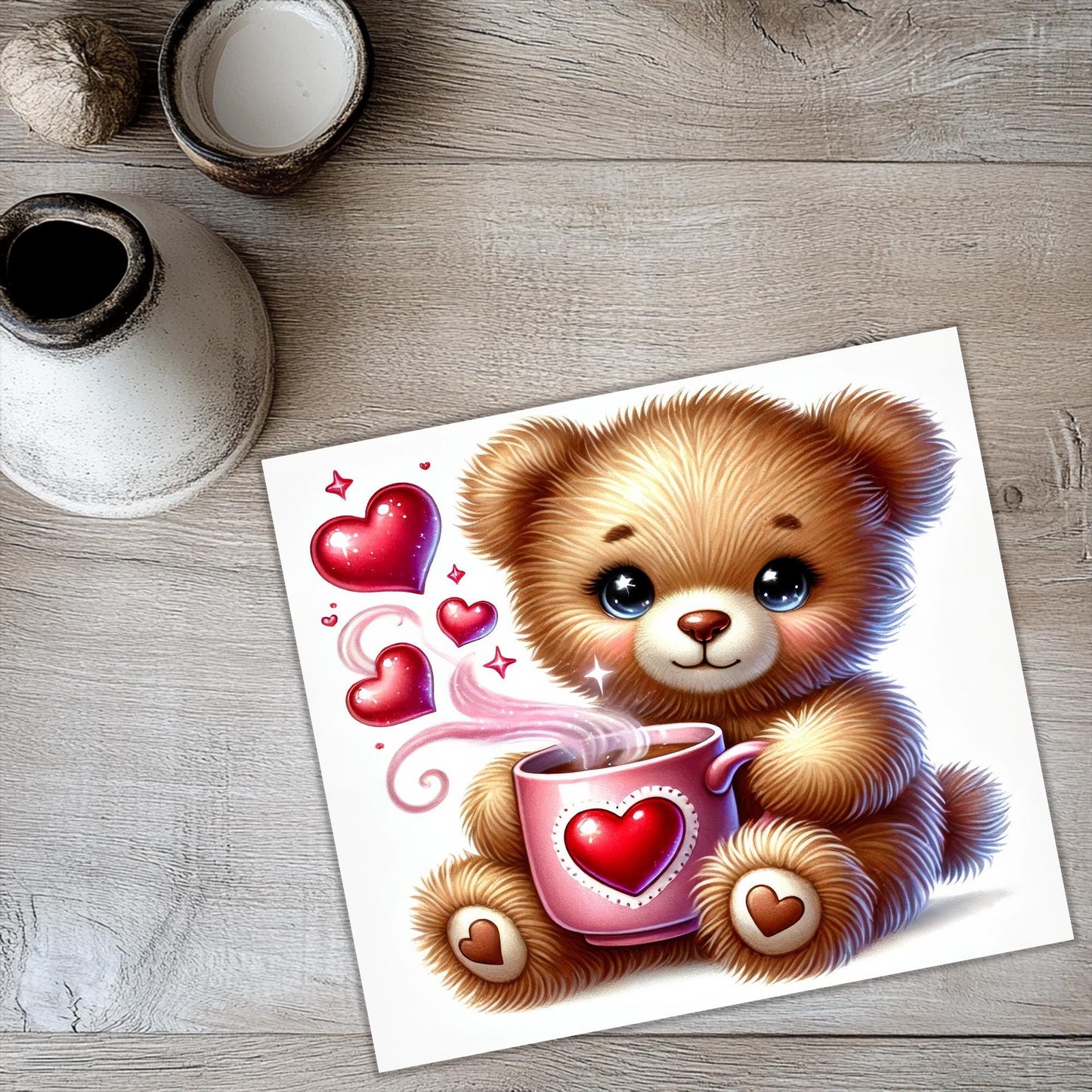 a picture of a teddy bear holding a cup of coffee
