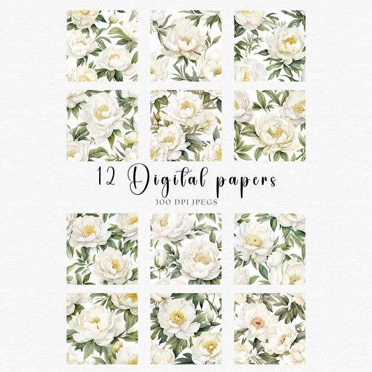 Papeles digitales de peonía blanca en acuarela