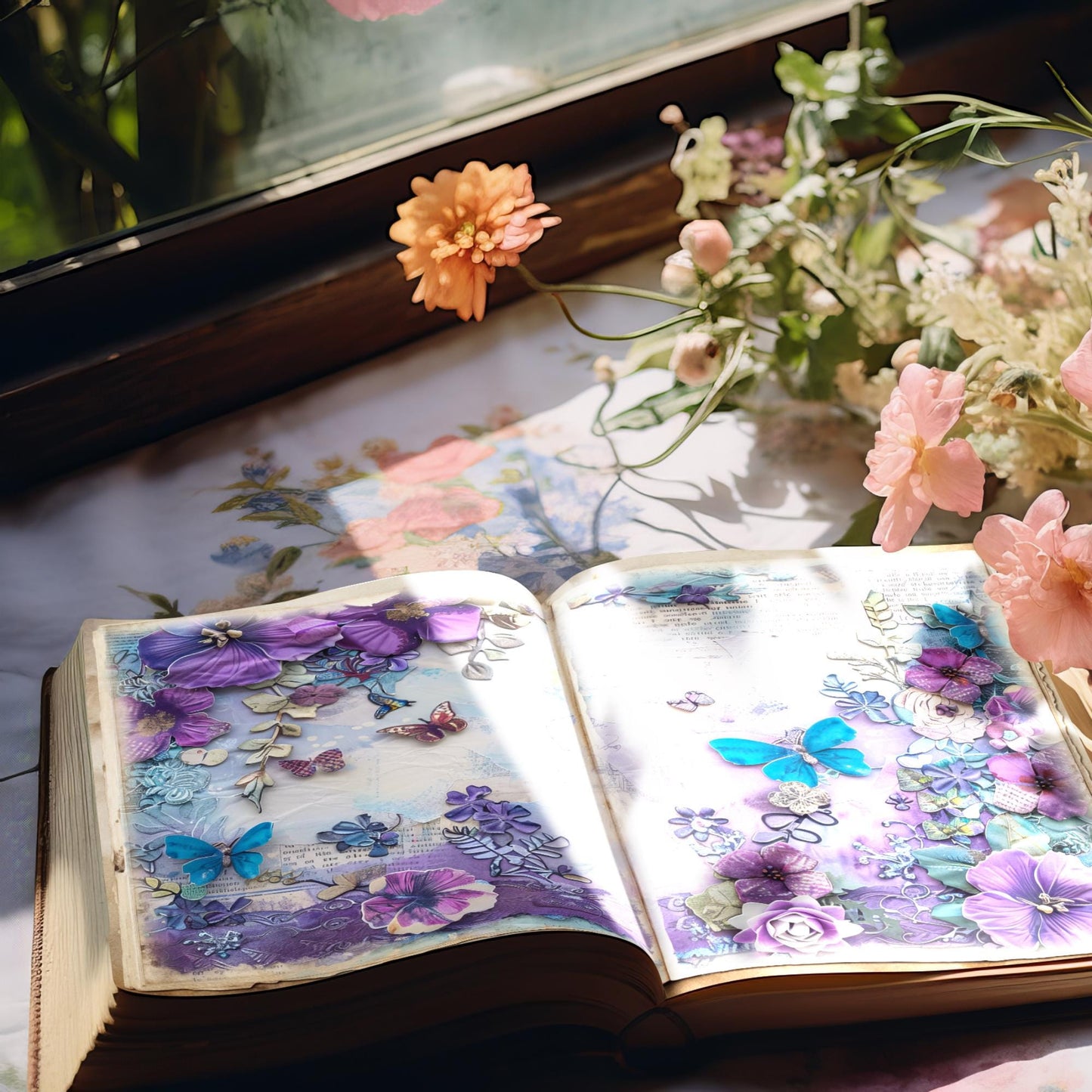 Páginas de diario basura con flores moradas y verde azulado, vol. 1