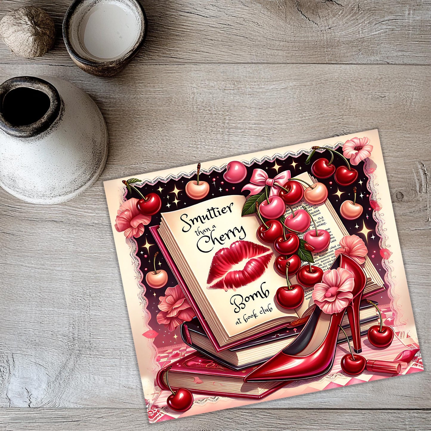 a card with a picture of a pair of red shoes