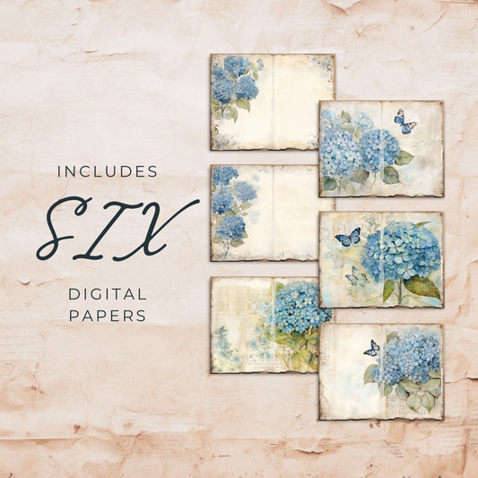 Páginas de diario basura con flores de hortensias azules