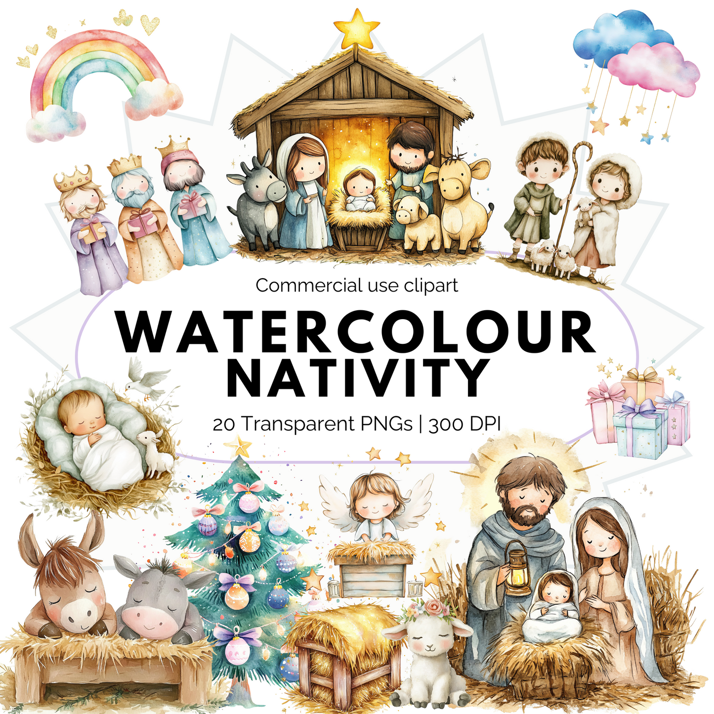 Nativity Scene Clipart PNG | Watercolor Christmas Nativity