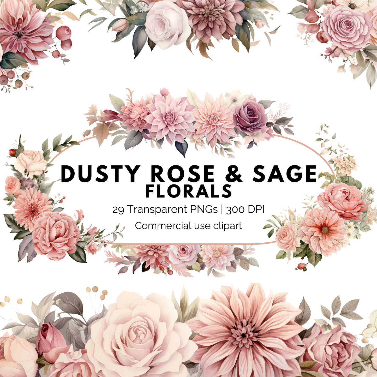 Dusty Rose and Sage Watercolor Clipart PNG