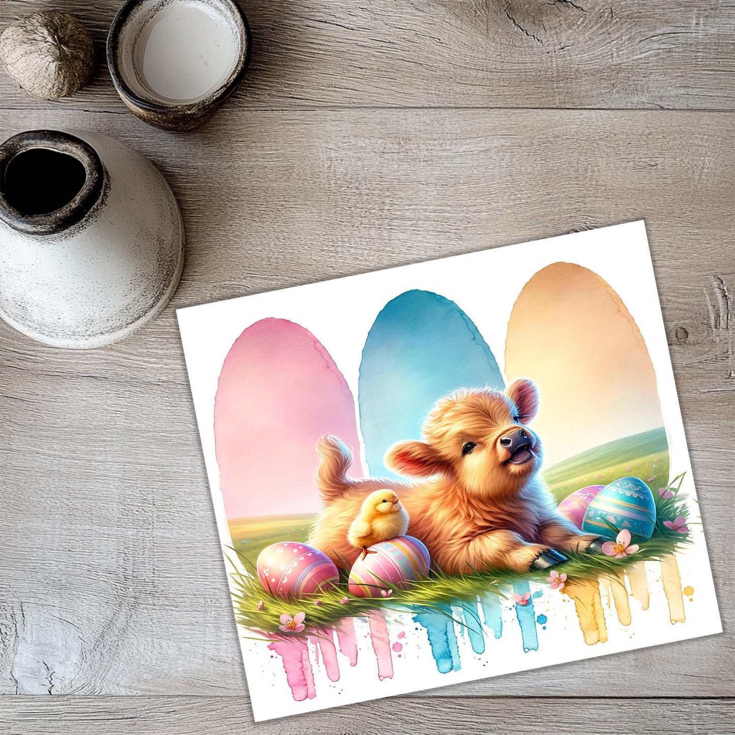 a painting of a dog laying on the ground with easter eggs