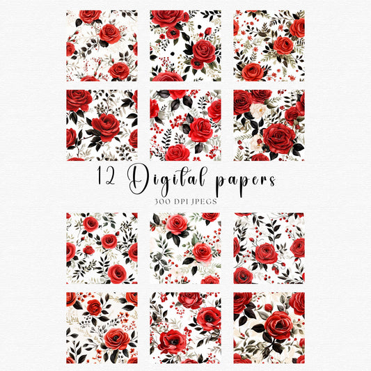 Papeles digitales florales en acuarela roja y negra