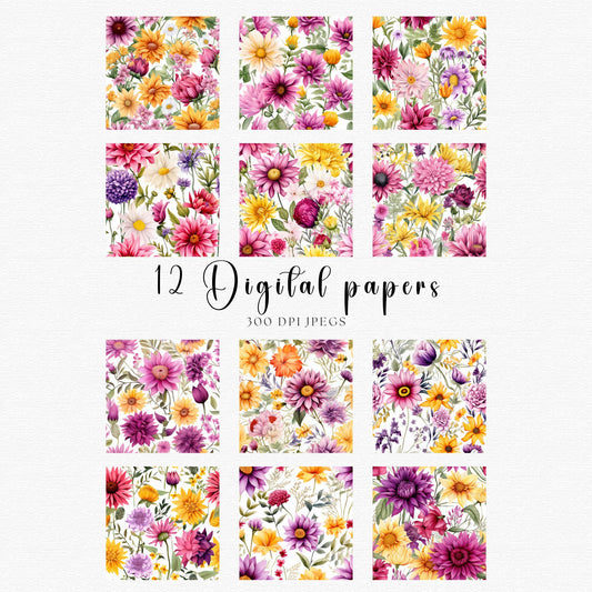 Papeles digitales con flores de verano en acuarela