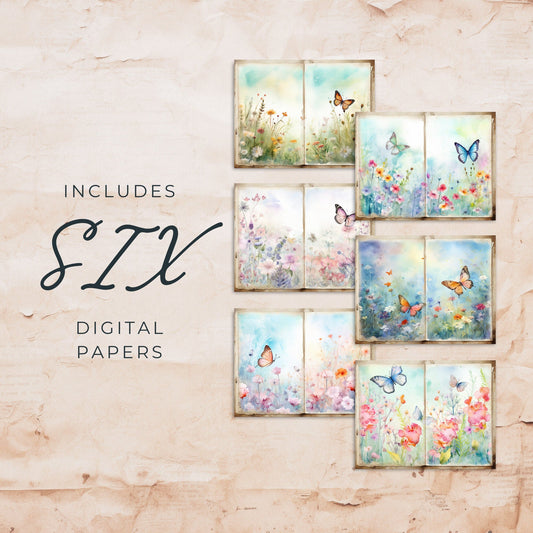Páginas del diario basura Butterfly Meadow, vol. 2 | 6 páginas de diario digital | Páginas de scrapbooking | Diario Butterfly Flower | Tamaño de papel (EE. UU.) | JJ016