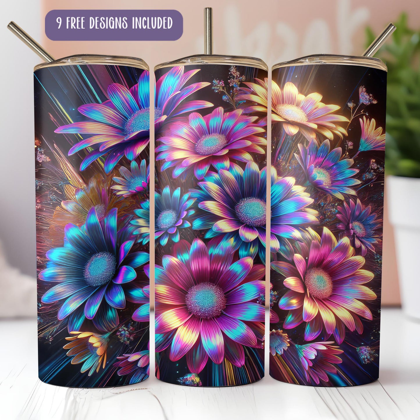 a set of three colorful flower vases sitting on top of a table