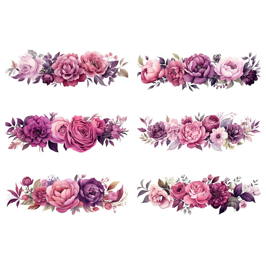 Clipart floral en acuarela de color rosa oscuro y morado