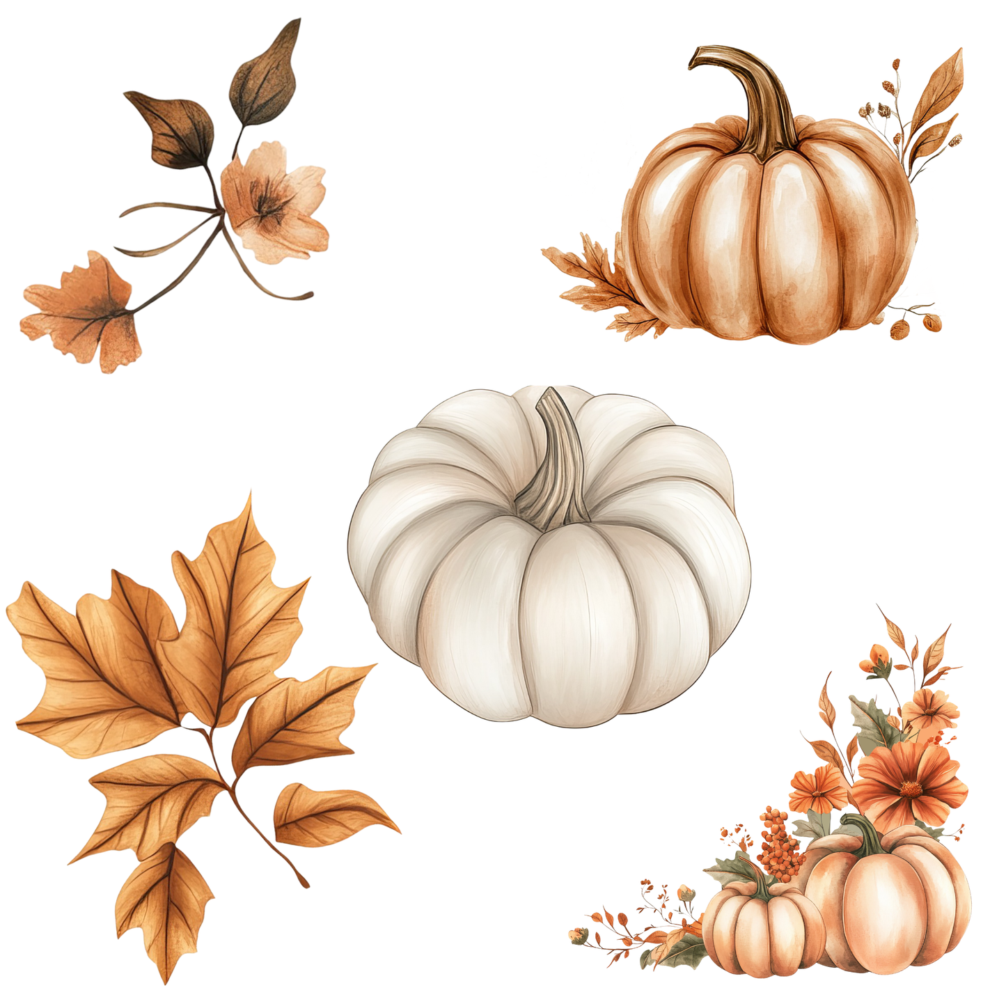 a collection of pumpkins, leaves, and acorns