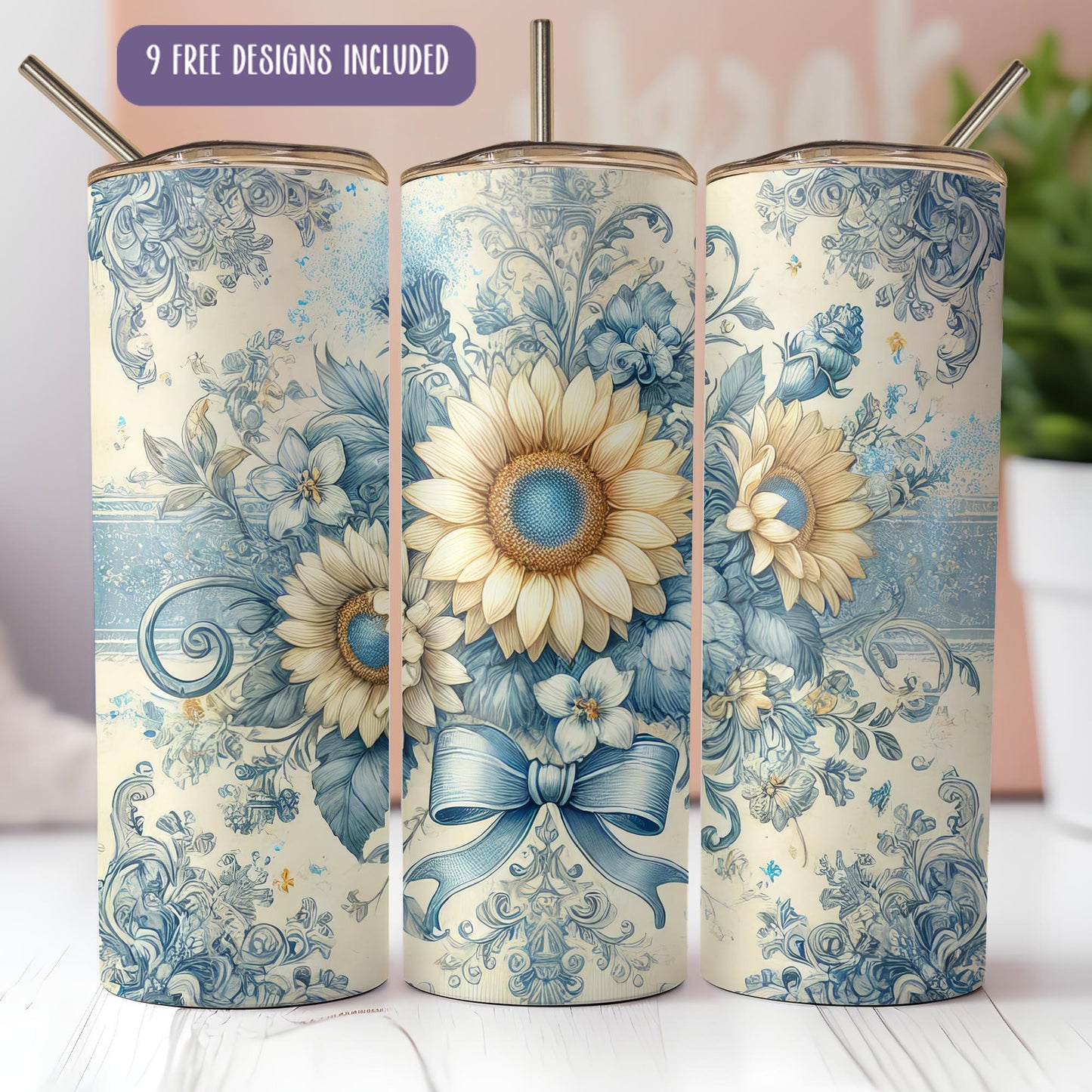 a set of three blue and white vases with sunflowers on them