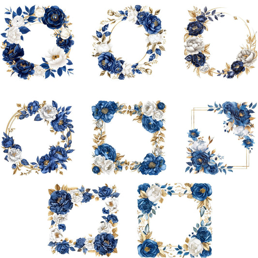 Clipart de marco floral azul real en acuarela